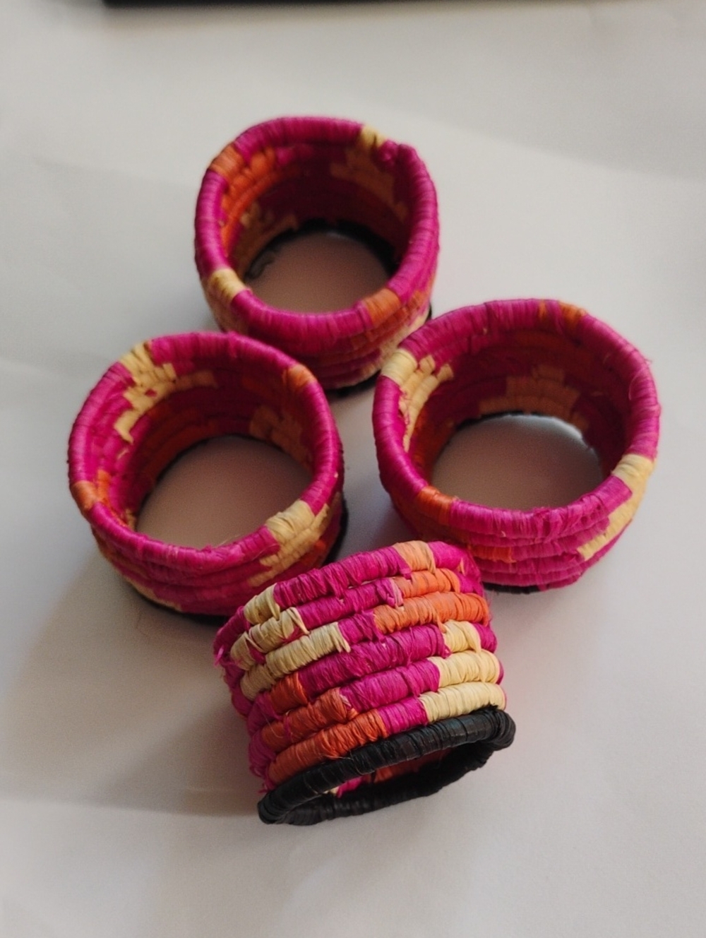 Handwoven Pink Multicolor Raffia Napkin Rings- Set of 4